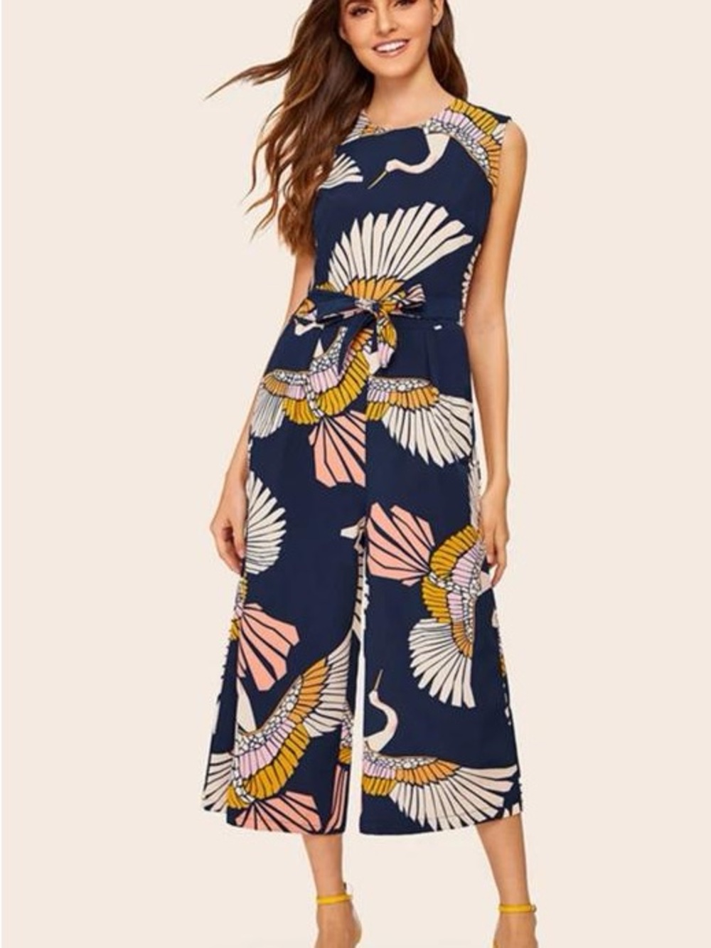 Inomi | Crane & Floral Print Belted Wide-Leg Jumpsuit